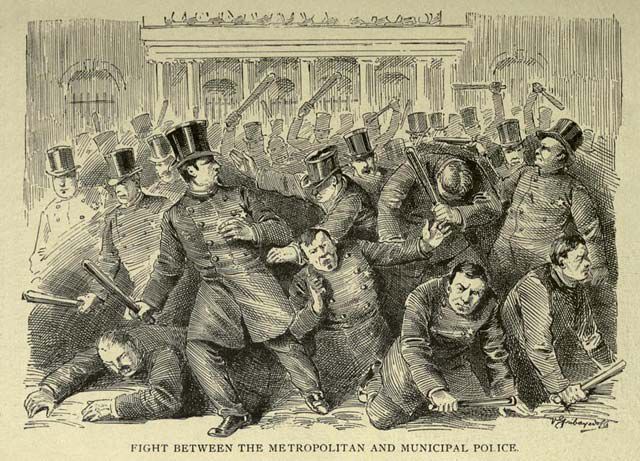 WHEN NYC HAD TWO POLICE FORCES AND ONE ARRESTED THE MAYORYou may have strong opinions about Michael Bloomberg, Rudy Giuliani, David Dinkins and Ed Koch, but they are nothing compared to Fernando Wood, a Democrat who was elected to be Mayor of New York City in 1854.  Under Mayor Wood, the Municipal Police (formed in 1845) became incredibly corrupt and the Republican-controlled State Legislature abolished it in 1857 and created the competing Metropolitan Police.  Wood refused to remove the Municipals, which meant NYC had two different police organizations, one controlled by the mayor, the other by Albany, operating at the same time. Which meant the two sides were squabbling and the gangs ran wild, most notably during the Dead Rabbits Riot because cops couldn't decide who was supposed to enforce the law.On June 16, 1857, after Wood apparently took $50,000 to change the successor for Street Commissioner (who was in charge of determining where streets, public squares, etc. were), the original pick, Daniel Conover, was removed from City Hall.  In turn, Conover got arrest warrants to apprehend Wood, one for inciting a riot and a second for "violence against Conover's person". Captain George Walling, a former Municipal police officer who moved over to the Metropolitan force, went to arrest Wood, but was stopped by the 300 Municipal police officers and thrown out of City Hall.  Walling came back with dozens of Metropolitan police officers and a fight ensued inside City Hall and on its steps.  The Metropolitans, outnumbered, ultimately retreated and over 50 men were injured. Conover went to Sheriff Jacob Westervelt, in hopes he would be able to remove Wood, but Wood would not budge.  It took Major-General Charles W. Sandford, who was heading to Boston with the Seventh Regiment, for Wood to surrender. After all that, Wood was released on bail and never brought to trial (the Governor, who was unhappy with Wood, apparently didn't have the right to decide on appointments).  As for the two separate police forces, the state's highest court ultimately determined the Metropolitans were the city's police and the Municipals were disbanded.Illustration of the fight at City Hall from the New York Public LibraryLike what you read here? Tune in to BBC America's Copper, a gripping new crime-drama series set in 1860s New York City from Academy AwardÂ®-winner Barry Levinson and EmmyÂ® Award-winner Tom Fontana. Watch the series premiere of Copper Sunday, August 19 only on BBC America. For more updates on the series, be sure to like Copper on Facebook and Copper on Twitter.